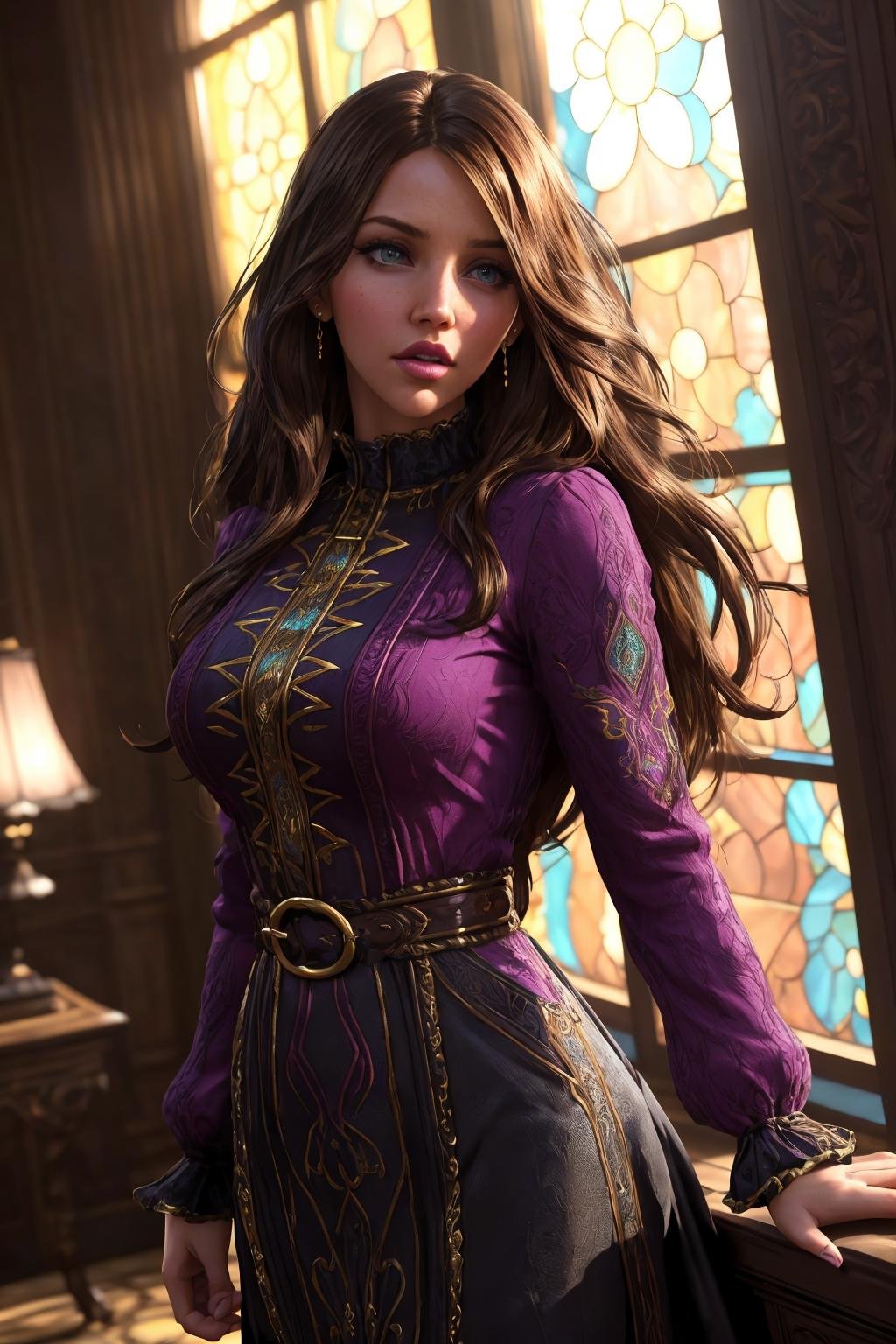 zrpgstyle, EvelynNobodySD15 dark brown layered hair standing in an luxurious stone keep, gothic architecture very bright morning light shining through window wealthy luxury magnificent opulent elaborate embroidered dress (masterpiece:1.2) (illustration:1.2) (best quality:1.2) (detailed) (intricate) (8k) (HDR) (cinematic lighting) (sharp focus) (intense action scene, dutch angle, foreshortening, motion blur, blurred foreground:1.3)