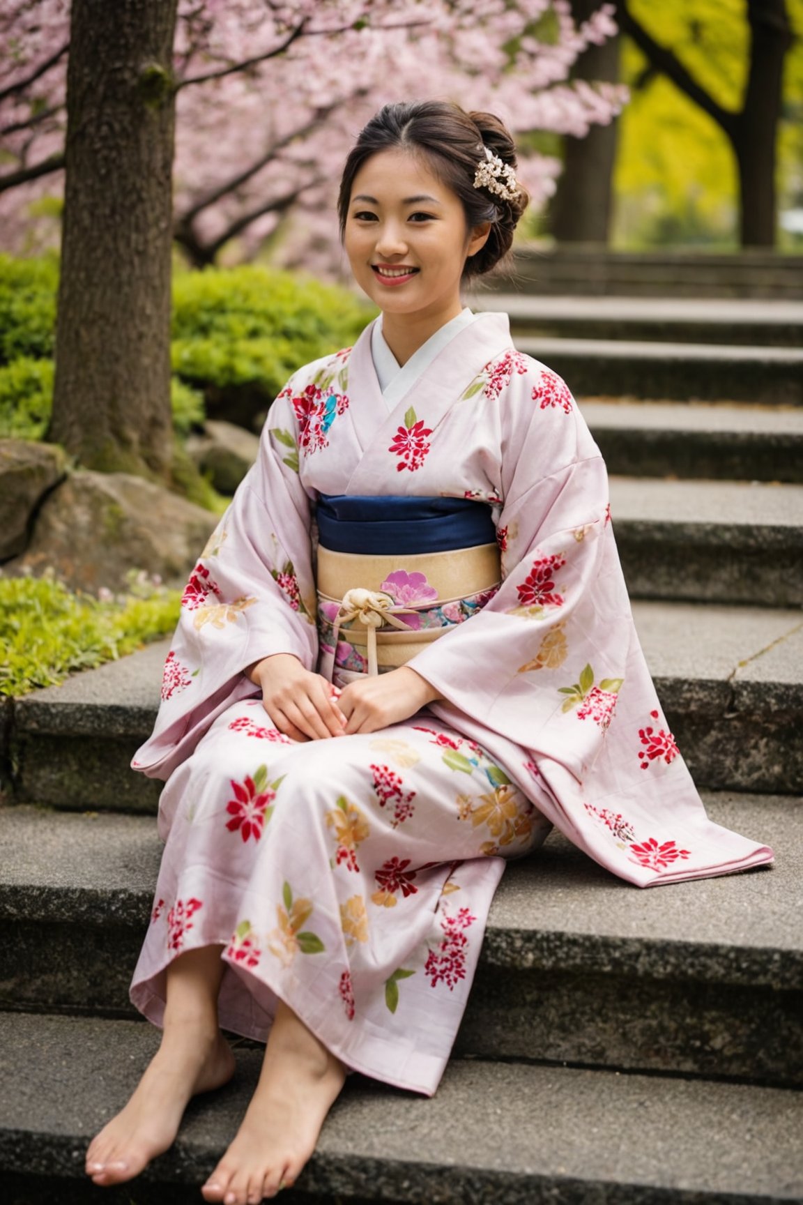 a joung Japanese gaisha sitting on stairs in a park, around her are cheery blossoms and flowers, wearing kimono