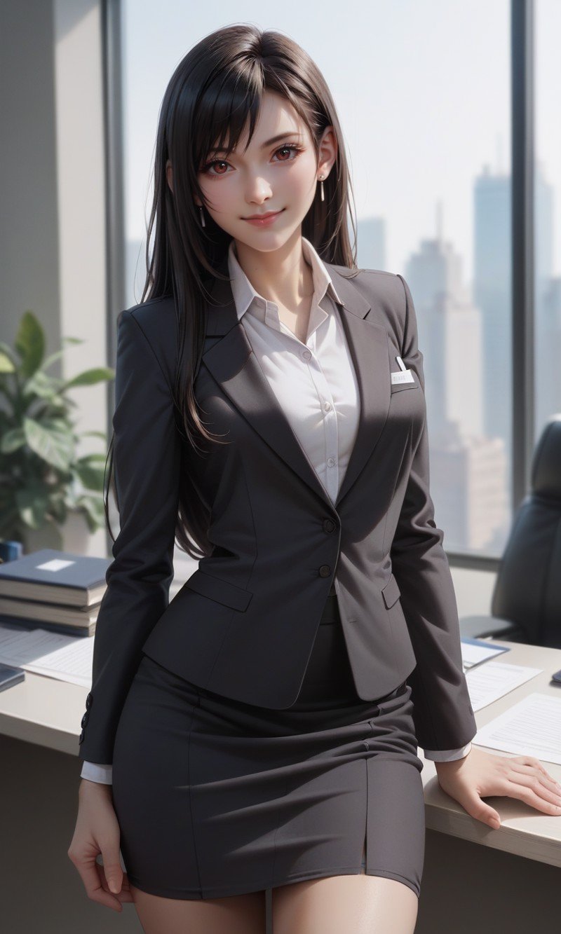 score_9, score_8_up, score_7_up, masterpiece,best quality, highly detailed, Best quality,masterpiece,ultra high res,(office suit:1.2),tifa_ac,looking at viewer,(cowboy shot:1.1), long sleeves, grey pencil skirt, office,smile,closed mouth,