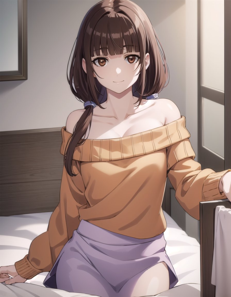 emiruikuno, <lora:emiru ikuno-lora-nochekaiser:1>,emiru ikuno, long hair, brown hair, ponytail, (brown eyes:1.5), bangs, blunt bangs, low-tied long hair,BREAK skirt, bare shoulders, off shoulder, sweater, orange shirt, off-shoulder sweater, collarbone,BREAK indoors, bed, bed room,BREAK looking at viewer, (cowboy shot:1.5), smile,BREAK <lyco:GoodHands-beta2:1>, (masterpiece:1.2), best quality, high resolution, unity 8k wallpaper, (illustration:0.8), (beautiful detailed eyes:1.6), extremely detailed face, perfect lighting, extremely detailed CG, (perfect hands, perfect anatomy),