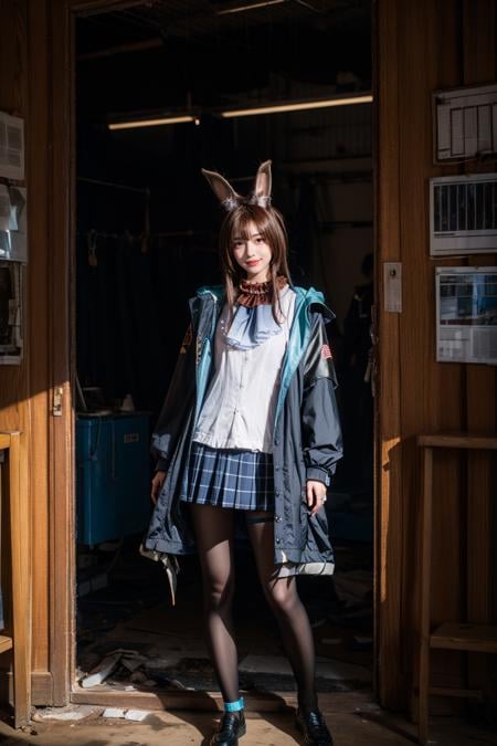 best quality,masterpiece,realistic,photorealistic,1girl,solo,looking at viewer,smile,standing,full body,amiya cosplay costume,amiya,arknights,cosplay,long hair,brown hair,hair between eyes,rabbit ears,shirt,plaid skirt,pleated skirt,hooded jacket,coat,long sleeves,clothes writing,frilled ascot,anklet,thighlet,multiple rings,pantyhose,black pantyhose,black shoes,ruins,factory ruins,factory,dark,(factory interior background:1.5),<lora:Arknights_Amiya_cosplay_v1:0.7>,<lora:add_detail:0.6>,<lora:Background_Detail_v3:1.5>,