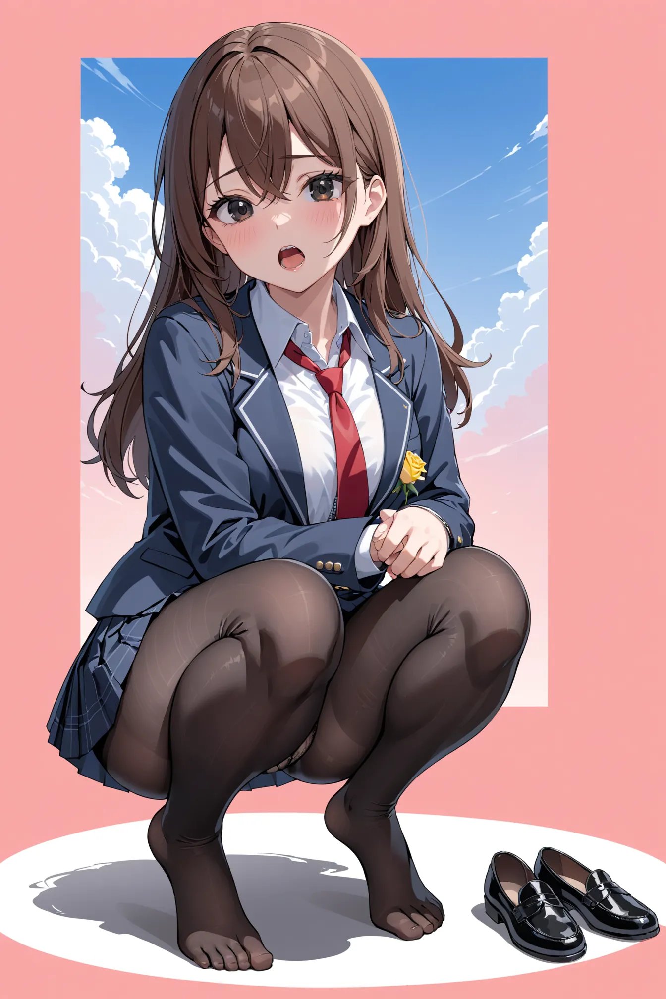 1girl, solo, masterpiece, best quality, very aesthetic, outdoors, black eyes, black pantyhose, black pants, brown hair, collared shirt, crossed bangs, jacket, kneehighs, long hair, long sleeves, necktie, no shoes, panties, panties under pantyhose, open mouth, pink background, pleated skirt, red necktie, school uniform, shirt, sky, socks, squatting, teeth, underwear, unworn shoes, white thighhighs, yellow bow, yellow rose, yellow thighhighs, zoom layer, zipper skirt