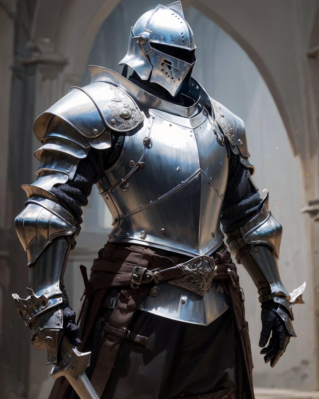 best quality,masterpiece,highly detailed,ultra-detailed, <lora:neg4all_bdsqlsz_V3.5:-1>,  <lora:knight:1> knight, weapon, armor, holding weapon (Rerebraces),An armor made of upper arm armor