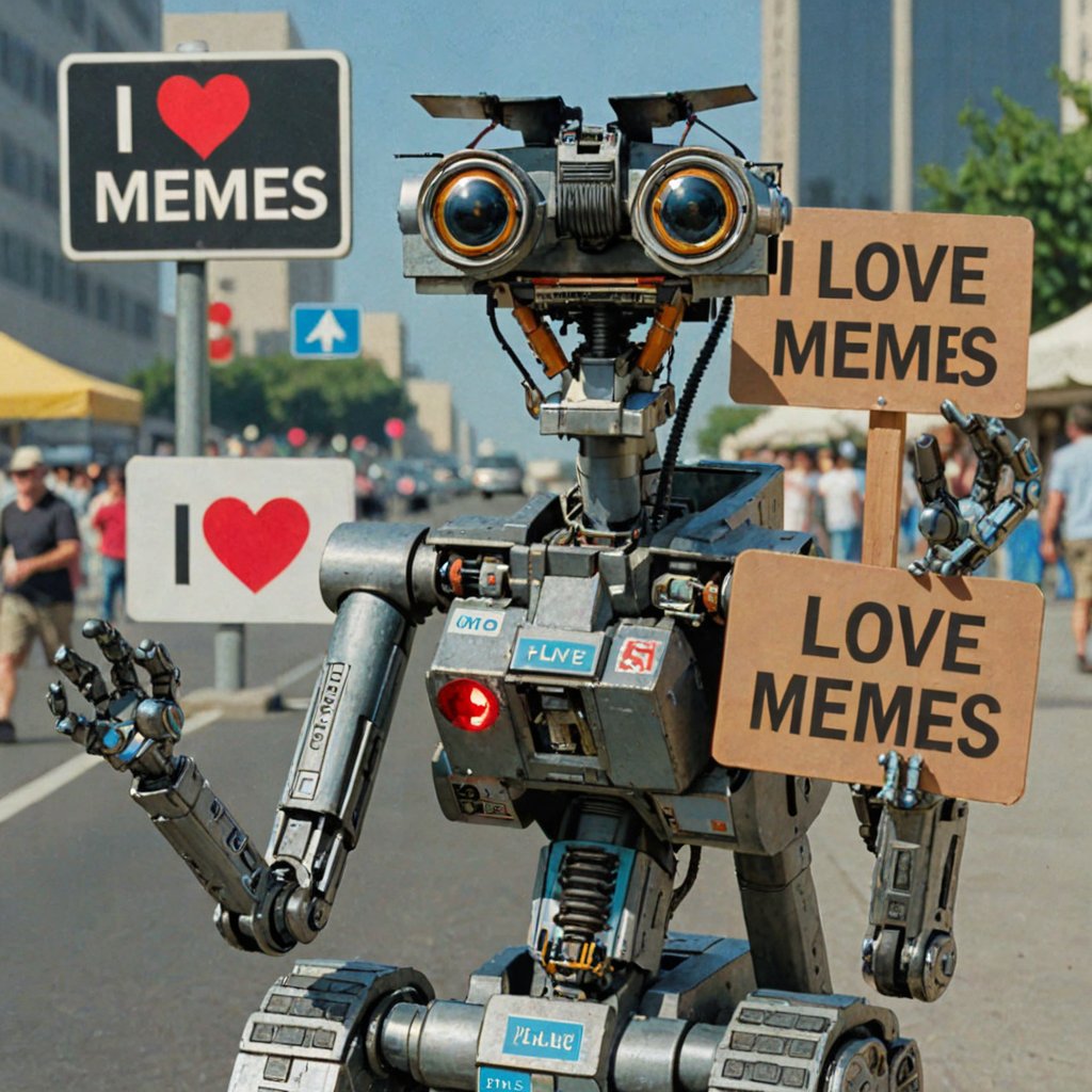 Photo of Johnny5 in matrix with a sign saying "i love memes xl" <lora:Johnny5-1024:0.5>