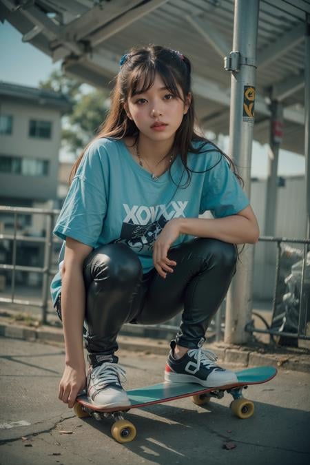 (realistic:1.3) , finely detailed, quality, (masterpiece:1.2) , (photorealistic:1.2) , (best quality) , (detailed skin:1.3) , (intricate details) , ray tracing, dramatic, 1 girl, (cute korean Ethereal Female), (film grain:1.2), Skate park, Skateboard ramps, Graffiti, Half-pipe, Rails, Skaters, Bikes
