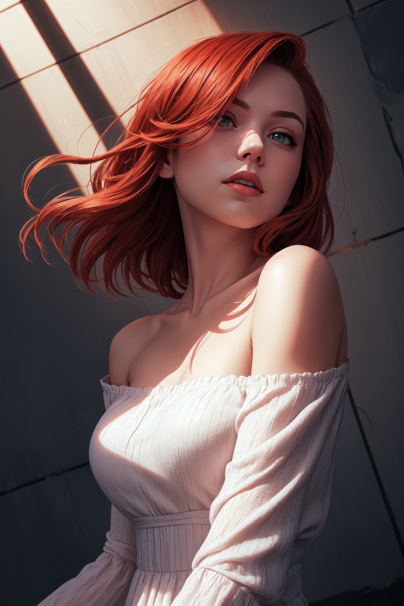 beautiful redhead girl, off shoulder paillette dress, cinematic lighting, perfect shading, dynamic angle, amazing composition, detailed