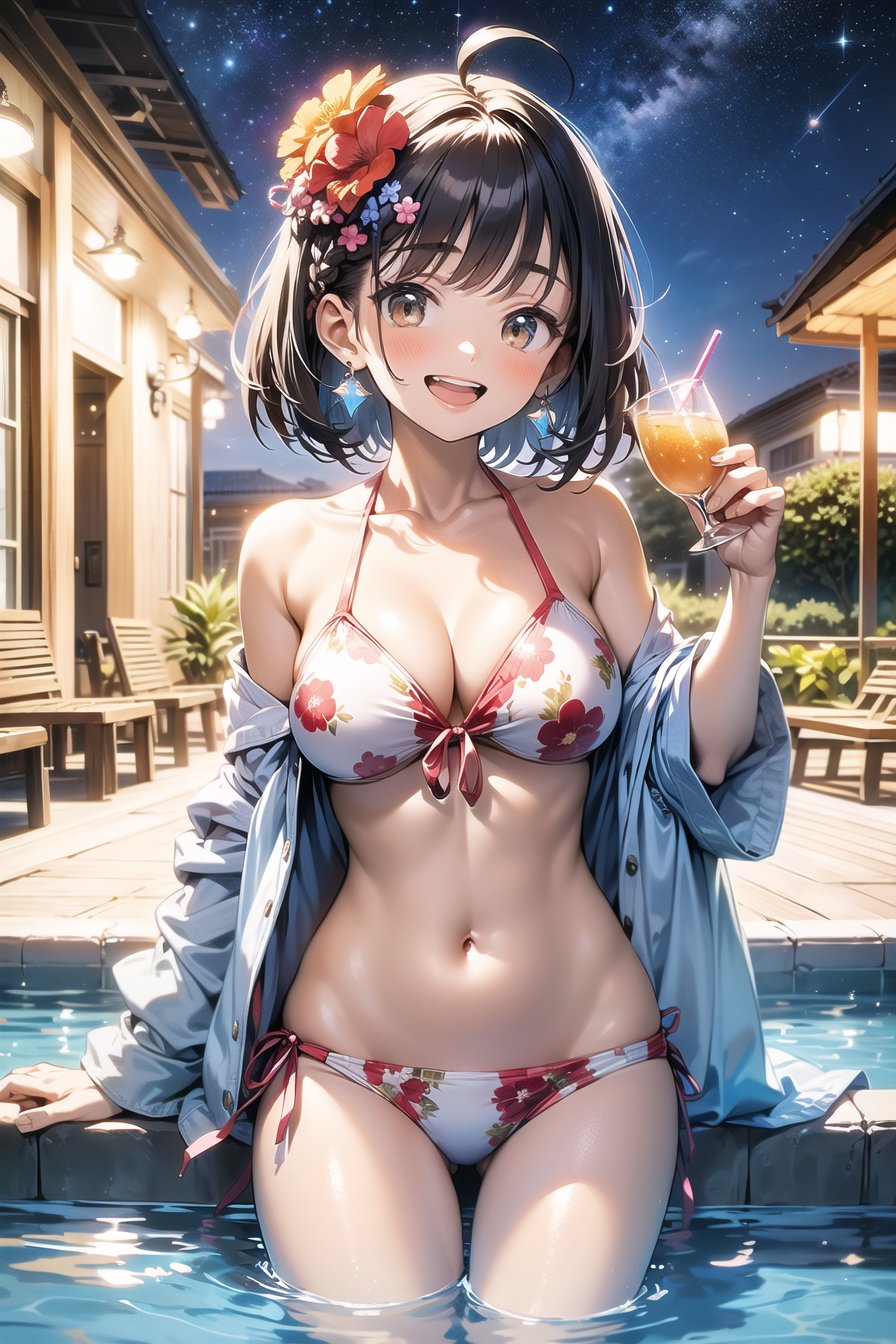 masterpiece best quality 1girl (masterpiece:1.2),best quality,PIXIV,who,swimsuit,bikininight sky standing from below starbangs,looking at viewer,flower,short hair,outdoors,parted bangs,open mouth,hair ornament,medium breasts,navel,hair flower,ahoge,drinking glass,jewelry,v,partially submerged,pool,watercollarbone,drinking straw,off shoulder,grin,floral print,wavy hair,earrings,braid,eyelashes,