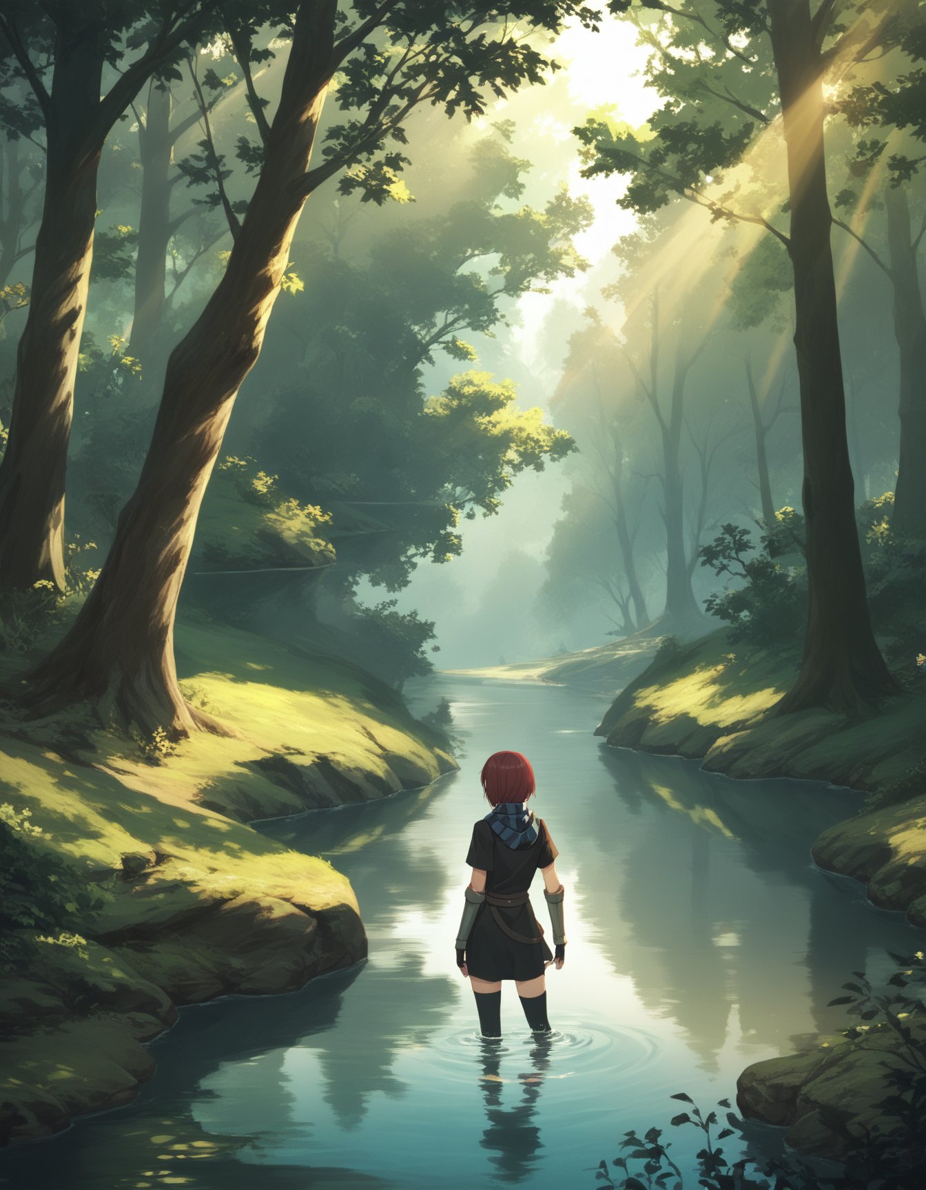 score_9,  score_8_up, score_7_up <lora:nel-zelpher-ponyxl:1> nel zelpher, black dress, short dress, striped scarf, vambraces, fingerless gloves, black thighhighs,tree, scenery, sunlight, nature, outdoors, forest, light rays, water, standing, sunbeam, day, overgrown, reflection, wading, dappled sunlight