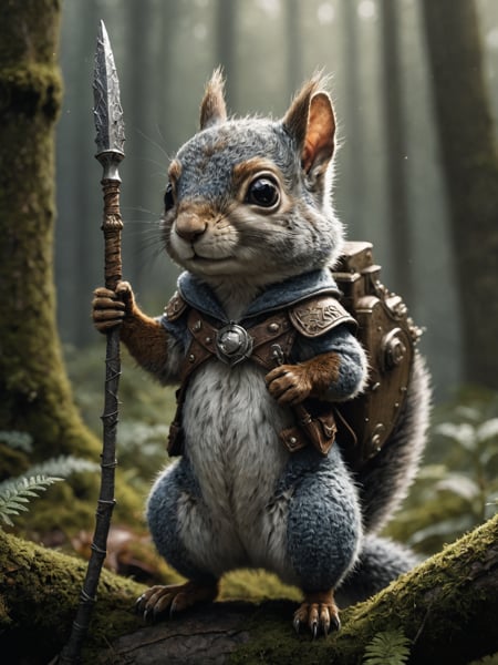 macro camera, illustration of a little magical cute forest creature. The creature IS holding a spear. fantasy art, intricate details, style Jean - Baptiste Monge, style Alan Lee, anthropomorphic squirrel , scene from a movie, dramatic shot angle, atmospheric particles, Real, raw cinematic photorealism, action portrait, 8k, detailed, centered, full frame, depth of field