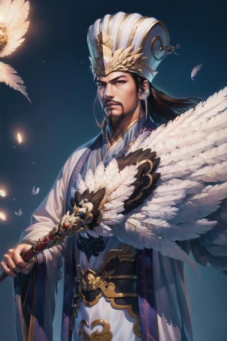 1boy,(8k, best quality, masterpiece:1.4),final fantasy,(fantasy), (lighting),solo, <lora:zhugeliang6464:1>,white chinese hat,chinese clothes,(holding Feather Fan),plume,white cloth ,cloud,eagle,wings
