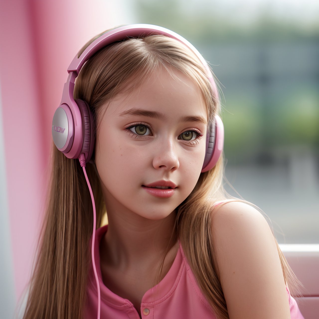 SFW, best quality, dolly short, close up of beautiful (AIDA_LoRA_HanF:1.28) <lora:AIDA_LoRA_HanF:0.76> in a pink shirt and with a pink (headphones:1.1) on her head sitting on the gray futuristic surface, young teen girl, open mouth, dramatic, hyper realistic, studio photo, kkw-ph1, hdr, f1.6