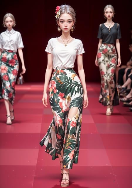 (masterpiece, best quality:1.4), ((fashion show)), RAW photo, 1girl, solo,tropical pattern skirt, long skirt, <lora:add_detail:0.5>
