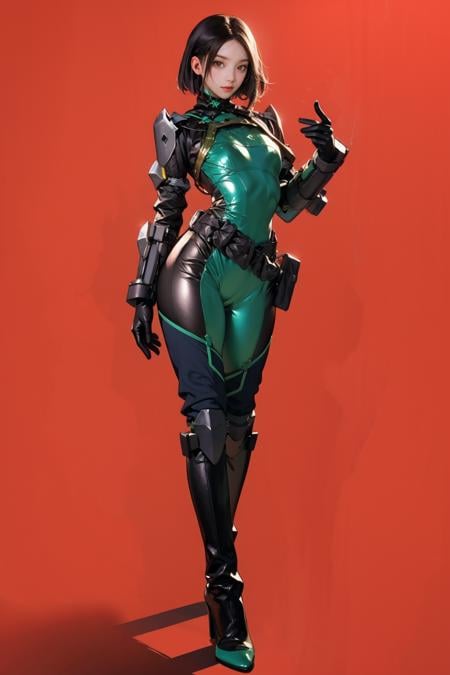best quality,masterpiece,highres,extremely detailed cg unity 8k wallpaper,red background,1girl,solo,looking at viewer,standing,full body,<lora:GoodHands-beta2:1>,<lora:lemon0035-Viper Valorant Costume_v1:0.9>,lemon0035,green bodysuit,armor,belt,cyborg,gloves,high heels,