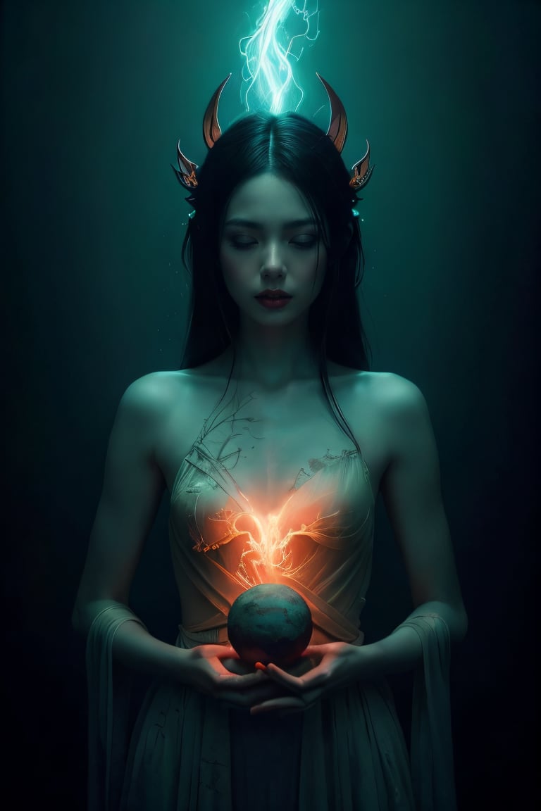 Female figure cradling earth, blending Miko Lim's dark ethereal aesthetic with Tomasz Alen Kopera's surreal pastel tones, encompassed by an aura of mystery and otherworldly grace, digital painting, ultra fine details, high contrast, eerie atmosphere, cinematic lighting.