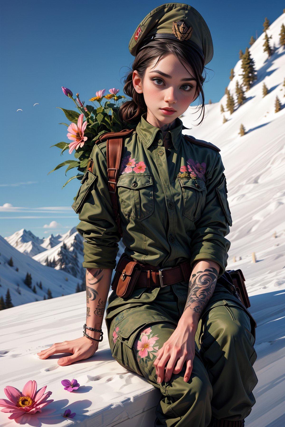 <lora:TattooWorld:1> (TattooWorld:0.9)   masterpiece, best quality,shch,(1woman:1.4) (soldier clothes :1.3) ,solo,beautiful,attractive,cute <lora:more_details:.6> (flowers hill:1.5) 