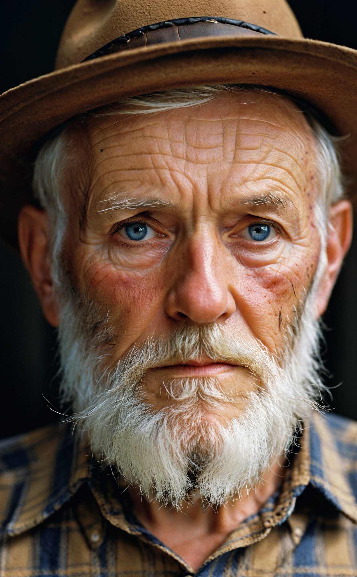 film photography aesthetic,Intense close-up portrait, elderly man with piercing blue eyes, weathered skin, pronounced wrinkles, white full beard, stern expression conveying a life of experience, wearing a brown felt hat, plaid shirt with collar visible, dark background emphasizing facial features, natural lighting accentuating skin texture, somber mood through high contrast and sharp detail, fine art photography with a hyperrealistic style, emphasis on character and emotion, eyes as a focal point providing depth and connection, absence of obvious digital manipulation preserving organic qualities.,Vibrant,whimsical