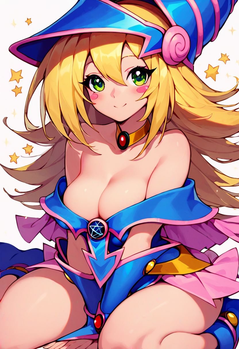 score_9, score_8_up, score_8, medium breasts, (curvy), cute, eyelashes,dark magician girl, blonde hair, choker, green eyes, long hair, blush, blush stickers,bare shoulders, blue footwear, blush, blush stickers, cleavage, collarbone, duel monster, hat, off shoulder, pentacle, wizard hat,