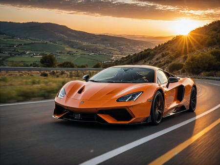 photo of a supercar, 8k uhd, high quality, road, sunset, motion blur, depth blur, cinematic, filmic image 4k, 8k. Natural sunlight, vibrant color, reflections