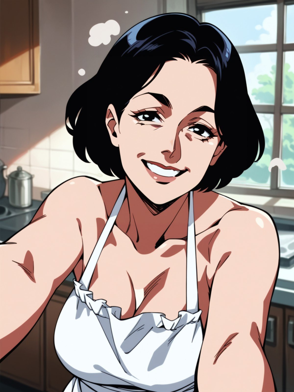 score_8_up, score_7_up, pov selfie, portrait of beautiful milf in white apron, smile, bare shoulders, short black hair, kitchen, window, steam, anime screencap