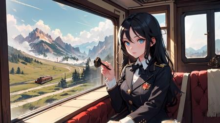 (masterpiece, best quality:1.2), (1girl:1.1), solo, (black long hair:1.2), blue eyes, steam engine, (driving train:1.3), formal train pilot clothing, antique, old, antique controls, mountain landscape in the window,<lora:detail_slider_v4:1.4>