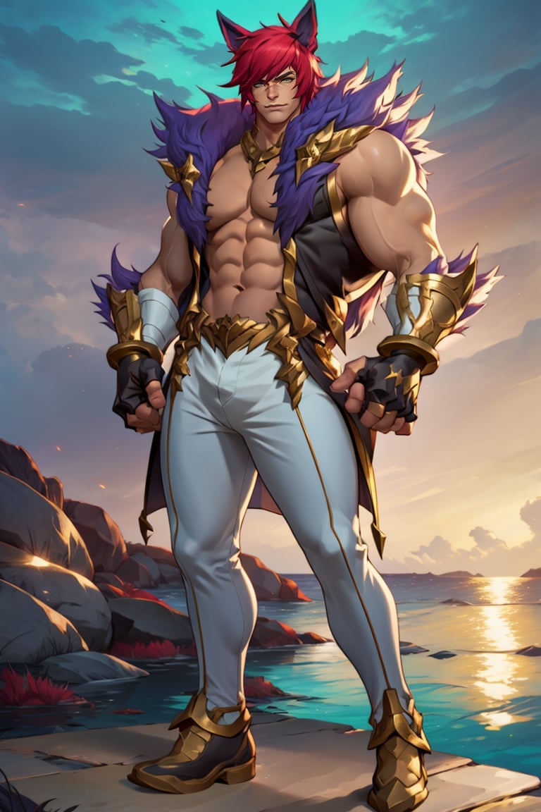Sett,  Man,  Masterpiece,  photorealistic,  Gold Eyes,  Full Body,  Short Hair,  Muscular,  Light Blue Ocean Background,  Arms Extended Horizontally,  Fingerless Gloves,  Abs,  Large Pectorals,  White Pants,  Gauntlets,  Animal Ears,  Gold Accessories,<lora:EMS-224103-EMS:1.100000>