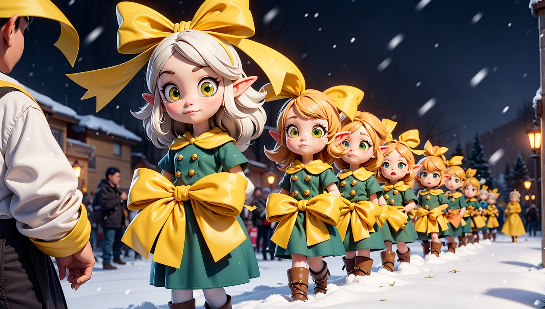 over 10 elves ((holding yellow ribbons)),walking towards viewer holding yellow ribbons. Snowing,explosions in the background,