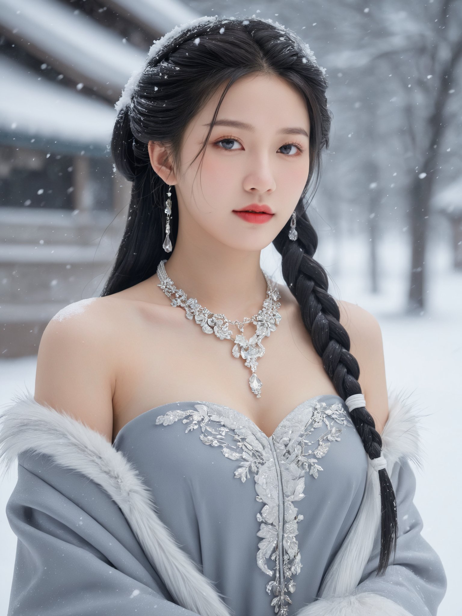 Realistic,Masterpiece,18 - year - old,Front, long hair, solo, jewelry, braid, looking at viewer, breasts, snowing, blurry, necklace, blurry background, white hair, fur trim, upper body, hair over shoulder, snow, grey eyes, dress, outdoors, medium breasts, parted lips,chinese girls,