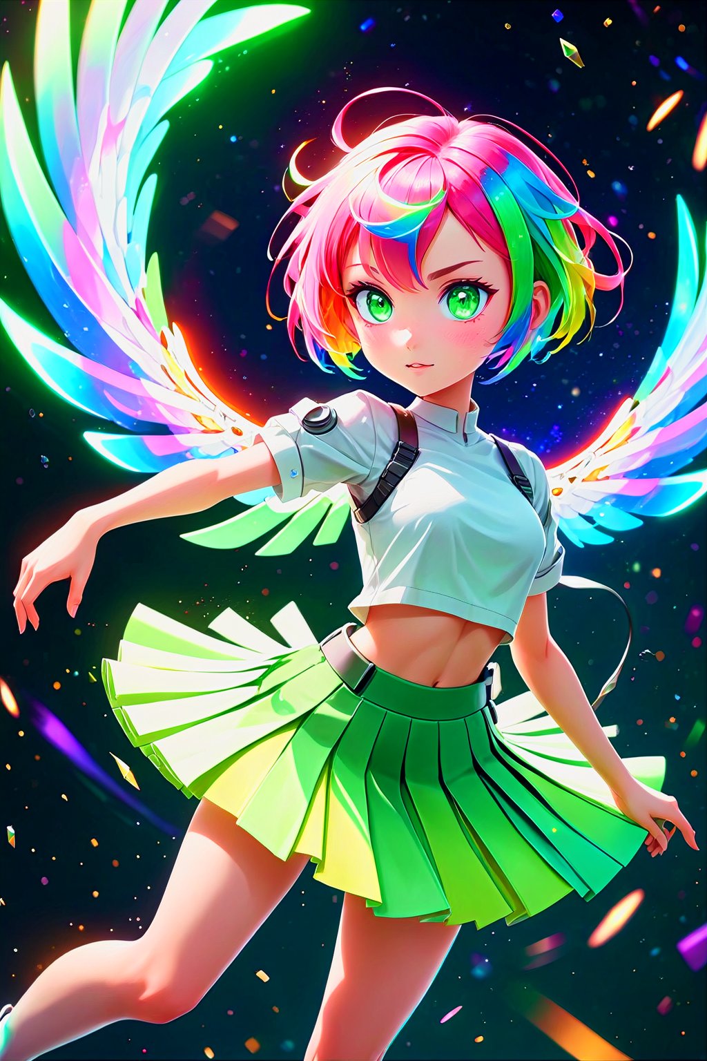 pink hair, mechanical arms, mechanical legs, pleated skirt, green eyes, short hair, from above, quasar, galaxy, abstract, light particles, volumetric lighting, wind, wind particles, sparkling eyes, mechanical wings, rainbow, colorful, beautiful