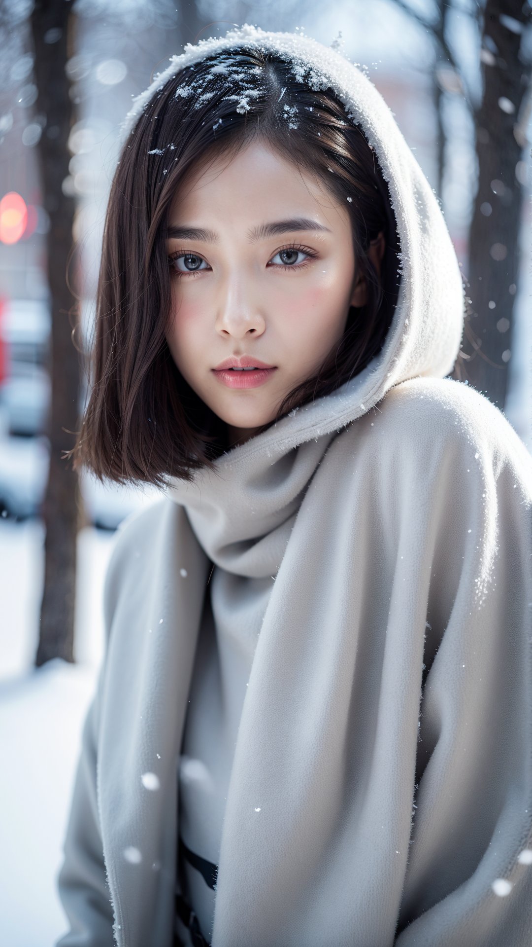 woman,  bob cut,  forehead,  cute makeup,  standing in a winter snow,  wearing a fur winter coat,  detailed,  medium shot