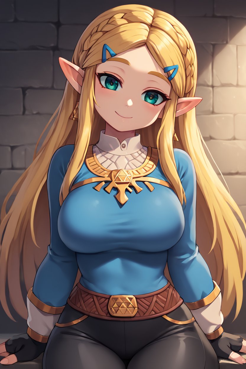 high resolution, highly detailed, perfect lighting, beautiful detailed eyes,   ((masterpiece,best quality)), absurdres, solo,     princess zelda, long hair, crown braid, hairclip, pointy ears, blue shirt, long sleeves, fingerless gloves, black gloves, black pants, tight pants, smile, curvy, head tilt,   , <lora:LunarCAT_Style:0.8>,