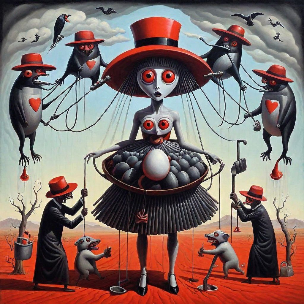 surreal "juba juba juba with a red dada and a dede hat, holding a large dada that shields her from a shower of surrealism .She should be standing on a didi hill, surrounded by dodap animals .The image should convey surrealism and madness.much more surrealism a small female 