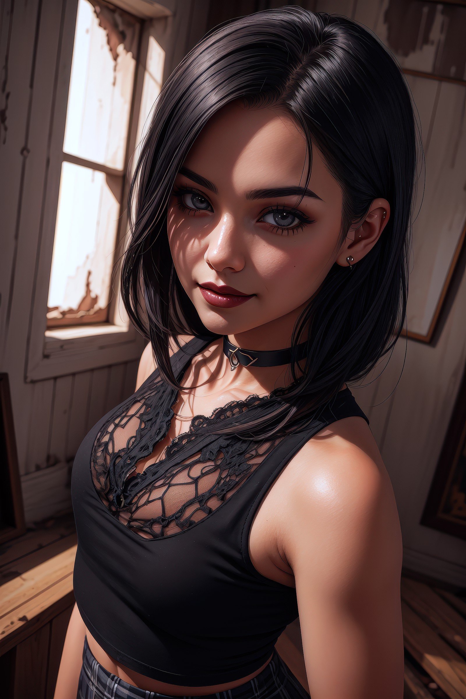 sumptuously detailed painting, goth girl, (unconventional black hair), black tank top, black plaid skirt, black choker, smirking, flirty pose, flesh details, accurate flesh composition, extremely detailed background, extremely detailed face capturing every feature, dark, insane detail, meticulous detail, exaggerated realism, macabre, decay, corruption, pale lighting, unearthly lighting, hyperrealism, eerie