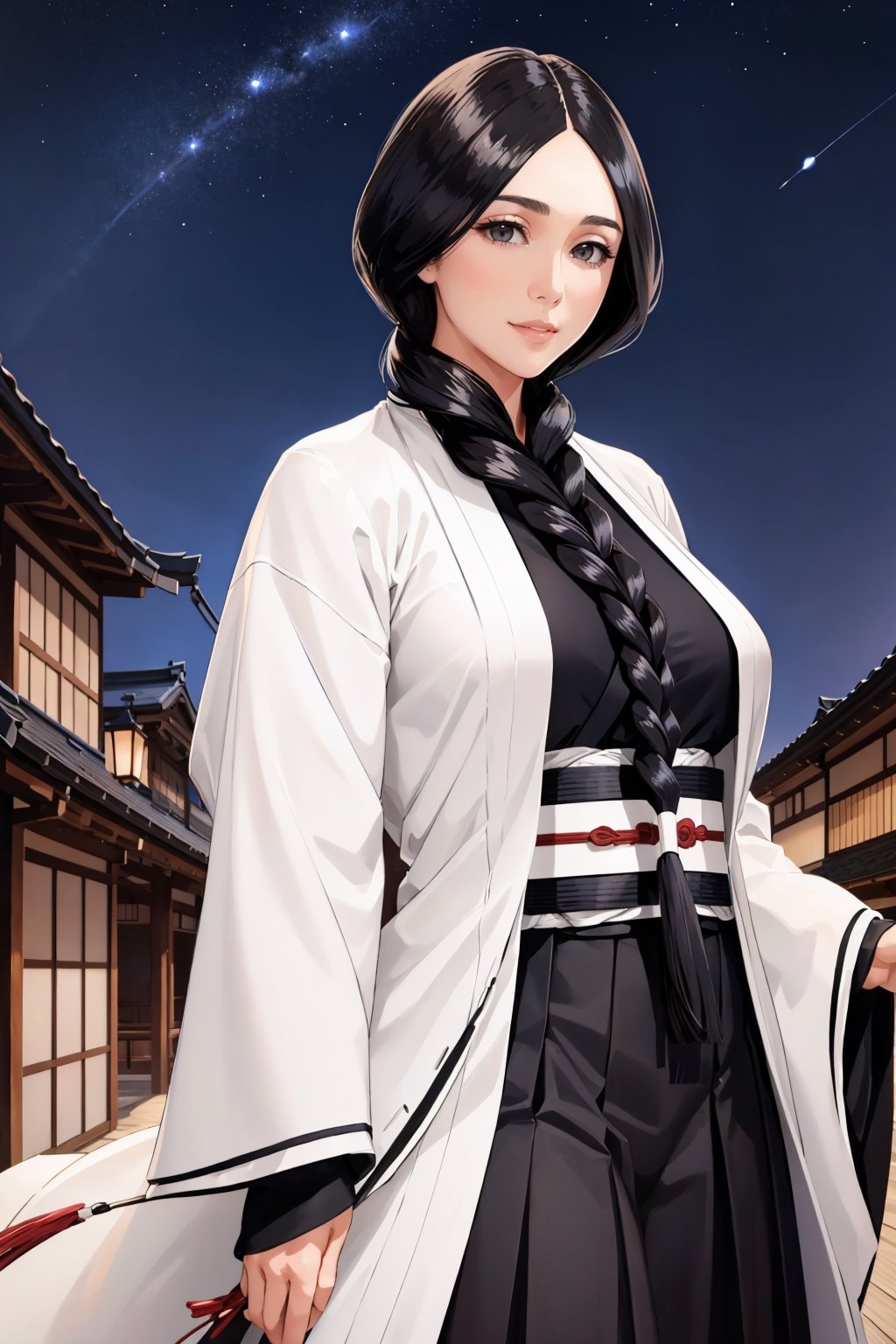 masterpiece, best quality, <lora:unohanaretsu-nvwls-v1-000009:0.9> unohana retsu, single braid, white coat, black kimono, black skirt, night sky, large breasts, mature female, japanese architecture, looking at viewer, smile, cowboy shot