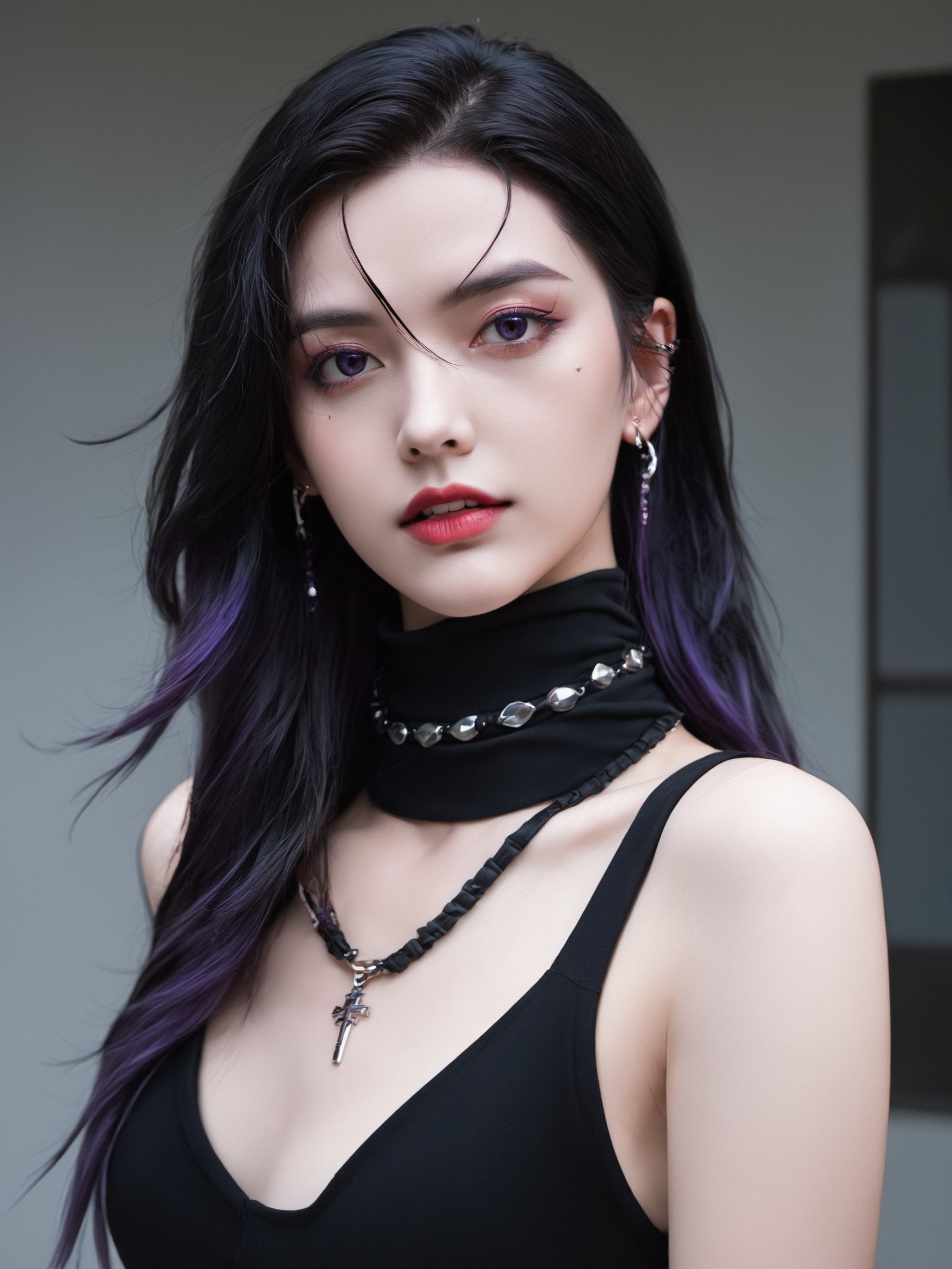 Goth girl,goth girl 1girl,1girl,solo,looking at viewer,long hair hair,black hair,red IncursioDipDyedHair,asymmetrical hairstyle,undercut,one side of head buzzed,bare shoulders,hair covering one eye,from above,sleeveless,purple eyes,necklace,eyebrow piercing,two-tone hair,lips,makeup,lipstick,crowded dance club,spot color,full body,cleavage,SkinHairDetail,girl's hands on the wall,pov,black combat boots,