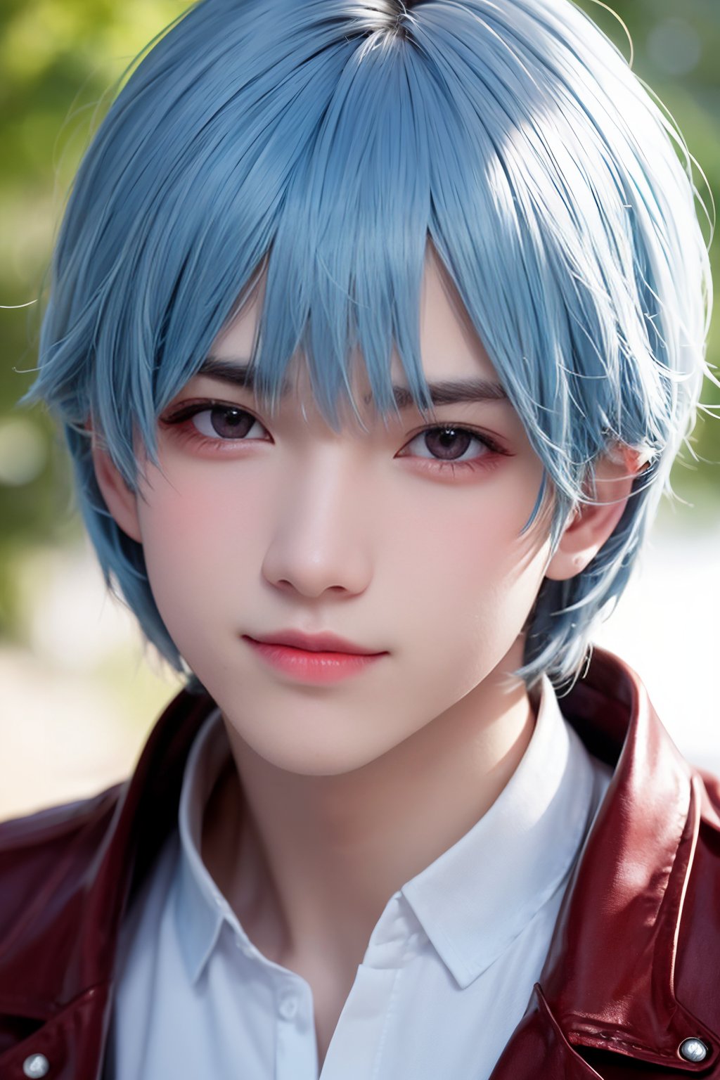 intricate details, hansome boy, Light blue hair, white skin, red eyes, sharp jawline, cropped jacket, messy hair, lips, upper body, close up, smirk, outdoors,