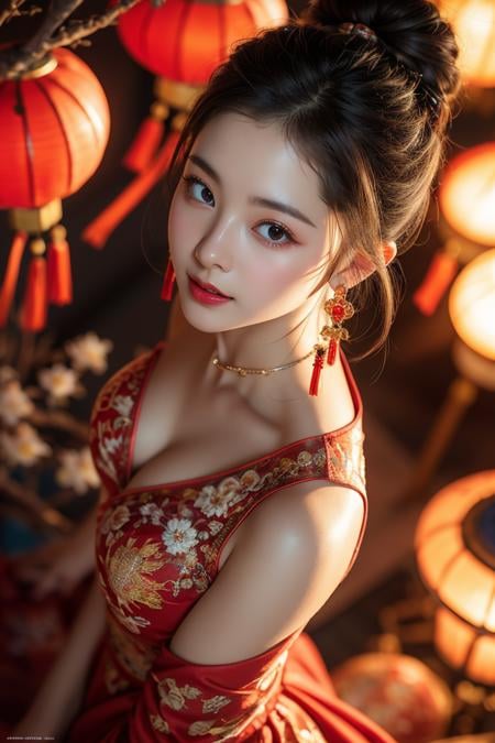 Spring Festival,1girl,solo,hair ornament,dress,black hair,black eyes,chinese clothes,from above,lantern,jewelry,red dress,looking at viewer,smile,realistic,blurry,1girl,best quality,masterpiece,illustration,an extremely delicate and beautiful,CG,unity,8k wallpaper,Amazing,finely detail,masterpiece,official art,extremely detailed CG unity 8k wallpaper,incredibly absurdres,huge filesize,ultra-detailed,highres,extremely detailed,beautiful detailed girl,realistic,<lora:Spring Festival_20240128015944:0.8>,