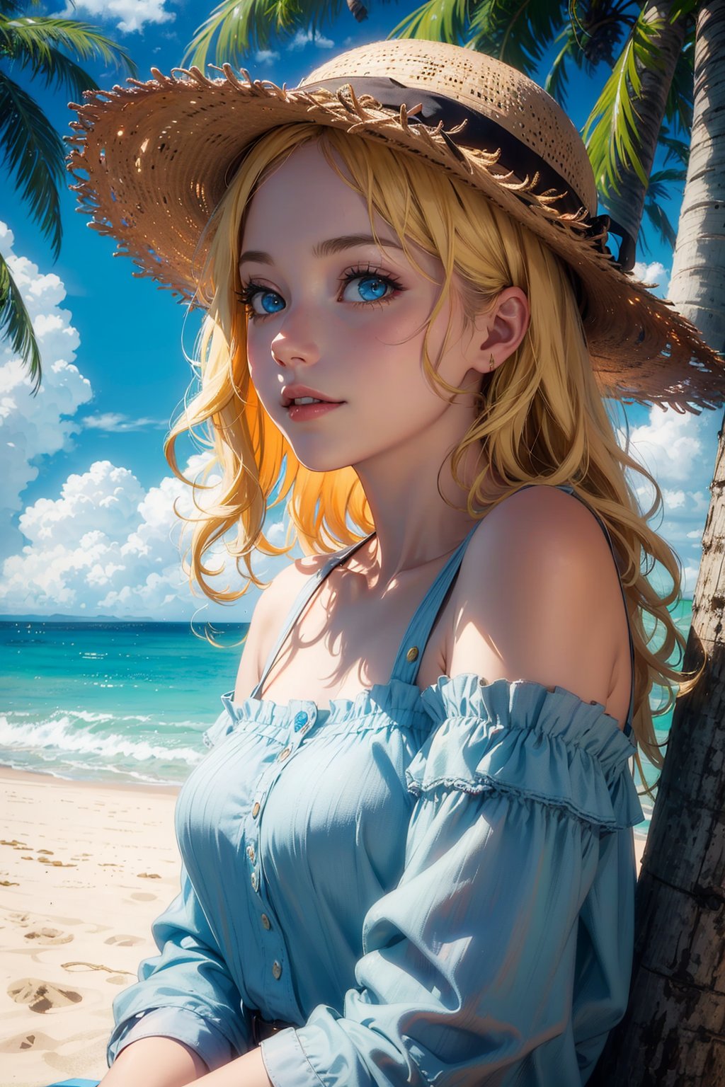 rococo style,(movie poster:1.2), soft lighting, (dramatic angle:1.25),(solo:1.4), (1girl),((blonde hair), long curly hair), blue eyes, (smile),beach straw hat, (off-shoulder shirt), hat flower ,(looking to the side:1.3), fantastic colorful, sea ,coconut tree, blue sky with clouds,(beach:1.3) ,(masterpiece:1.2),ultra-detailed,(best quality), illustration, (Depth of field),