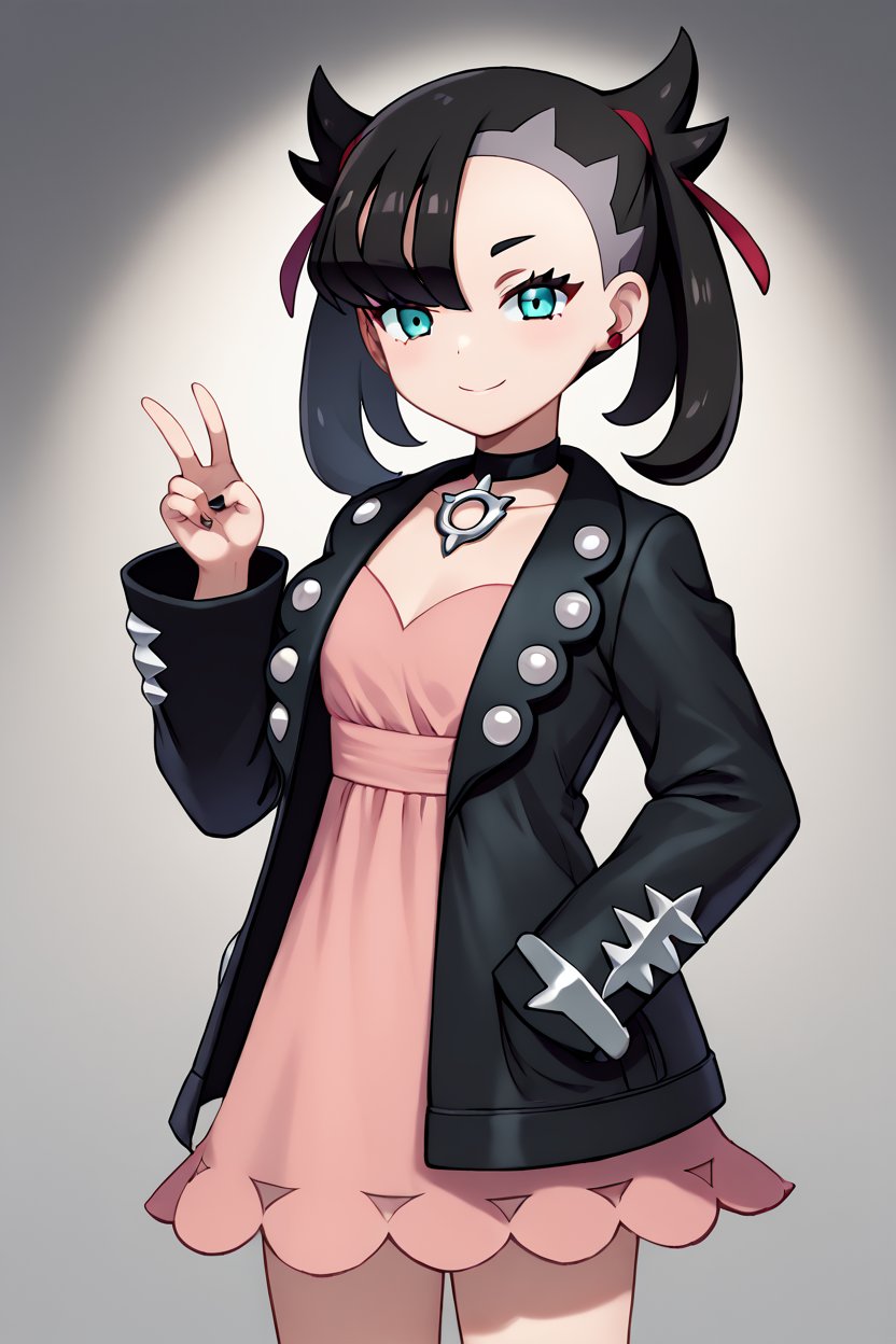 high resolution, highly detailed, perfect lighting, beautiful detailed eyes,   ((masterpiece,best quality)), absurdres, solo,     , <lora:LunarCAT_Style:0.8>,  v, marnie (pokemon), asymmetrical bangs, black hair, aqua eyes, black choker, red ribbon, pink dress, jewelry, black jacket, open clothes, long sleeves, solo, smiling, looking at viewer, cowboy shot,