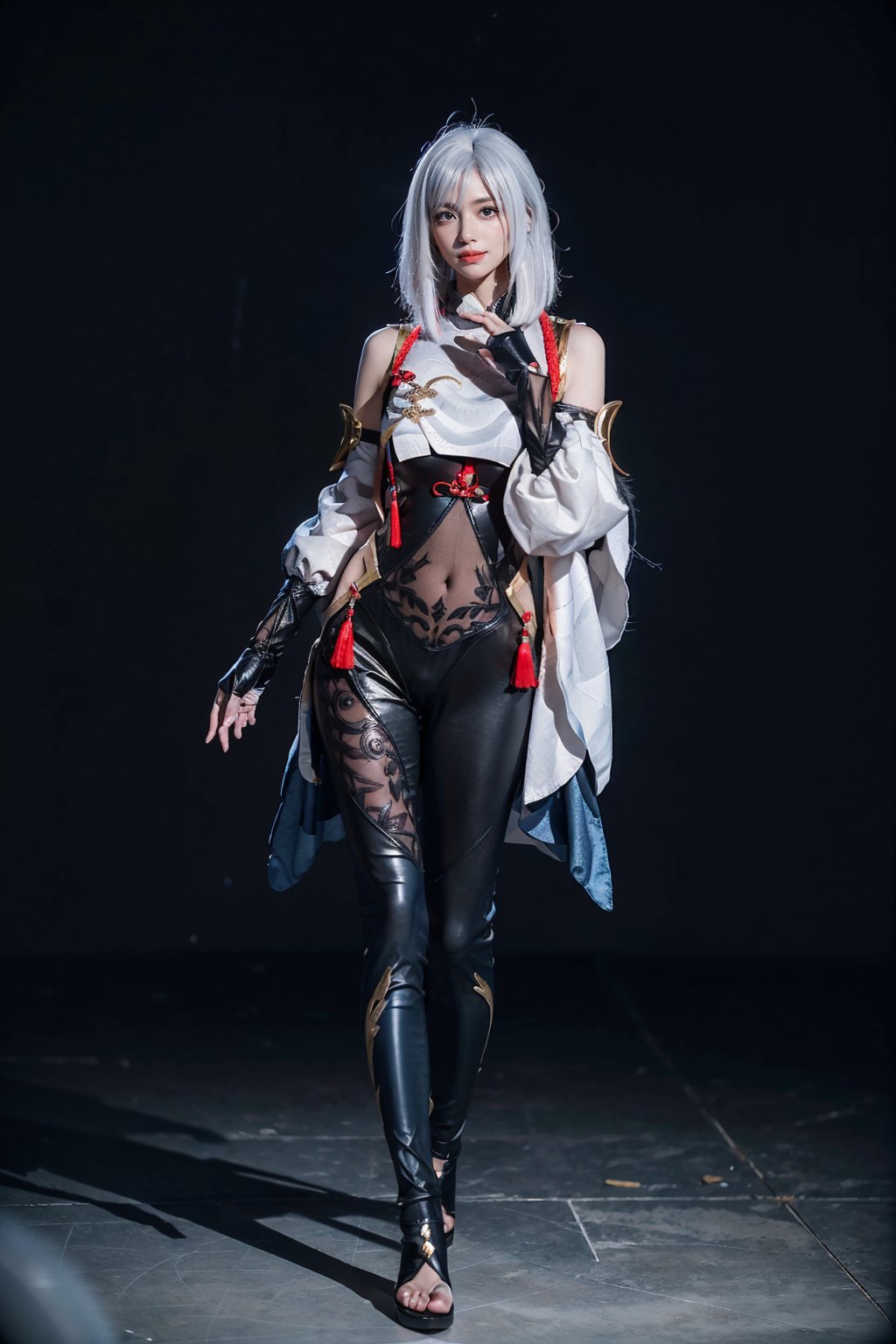 best quality, masterpiece, photorealistic, 1girl, solo, standing, arms at side, full body, looking at viewer, smile, closed mouth, shenhe cosplay costume, cosplay, white hair, black bodysuit, breast curtain, tassel, partially fingerless gloves, hip vent, toeless footwear, simple background, <lora:genshin_Shenhe_cosplay_v1:0.7>
