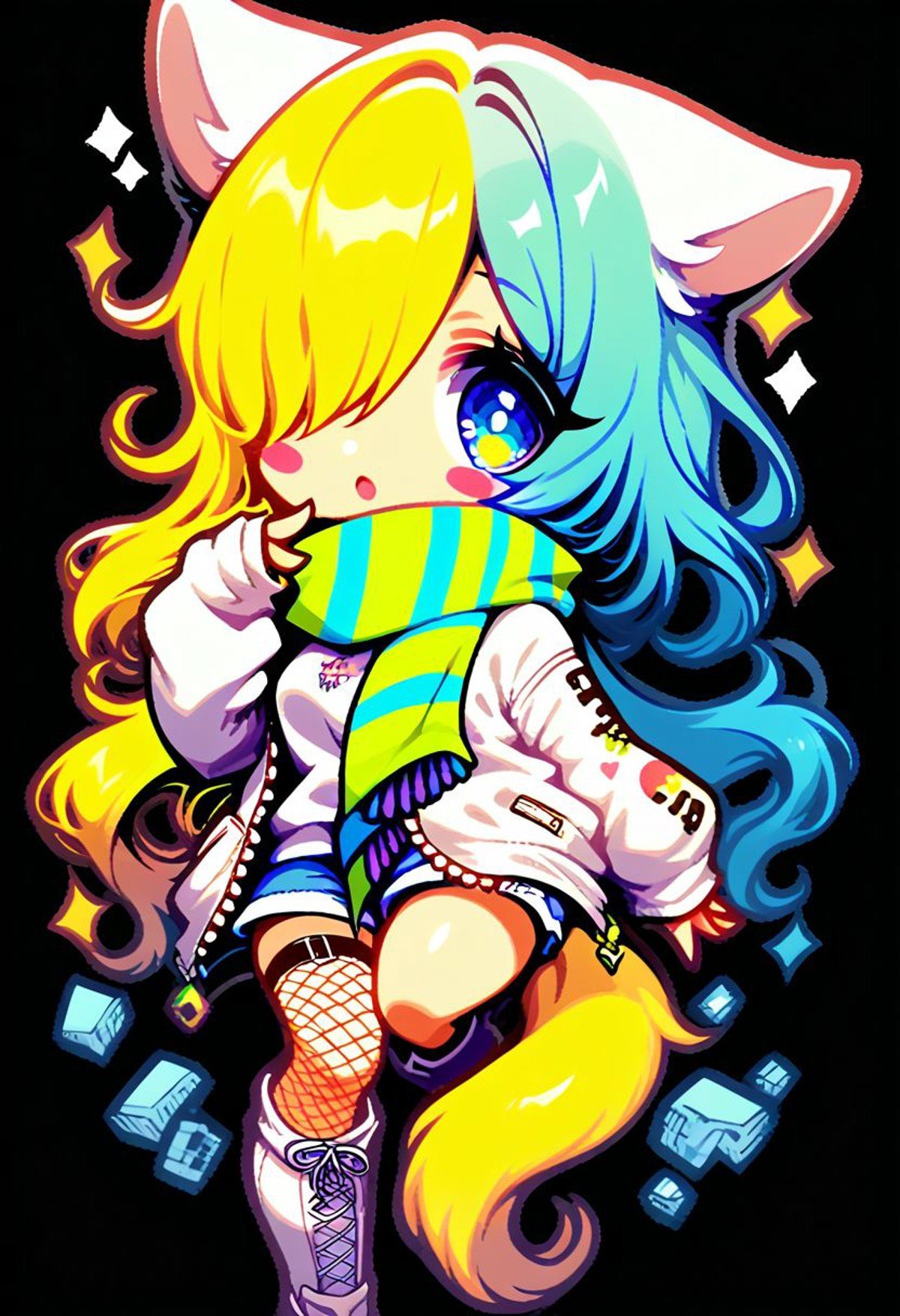 score_9, score_8_up, score_8, medium breasts, (curvy), cute, eyelashes,  1girl, solo, long hair, looking at viewer, open mouth, blue eyes, skirt, blonde hair, shirt, thighhighs, long sleeves, bow, animal ears, very long hair, blue hair, standing, jacket, tail, full body, pantyhose, boots, green hair, open clothes, shorts, striped, puffy sleeves,  hand up, chibi, scarf, hair over one eye, :o, open jacket, sleeves past wrists, short shorts, blush stickers, white footwear, white jacket, white skirt, knee boots, black background, fishnets, multicolored clothes, puffy long sleeves, sleeves past fingers, asymmetrical legwear, mismatched legwear, thighhighs under boots, striped scarf, single leg pantyhose, asymmetrical footwear, mismatched footwear, multicolored scarf,zPDXL