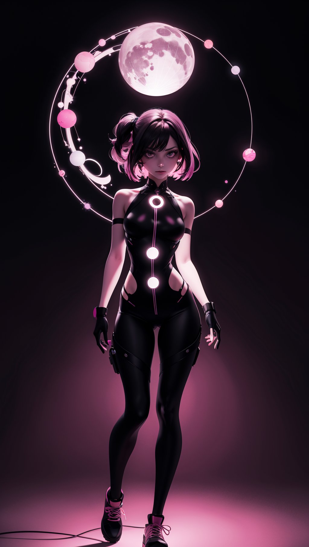 (silhouette:1.25),woman,dark background,blacklight,mid shot,full body,somber expression,looking down,dark energy,vibrant magenta,portal to another world,flat color,flat shading,ultra realistic,highres,superb,8k wallpaper,extremely detailed,intricate,limited palette,pink,