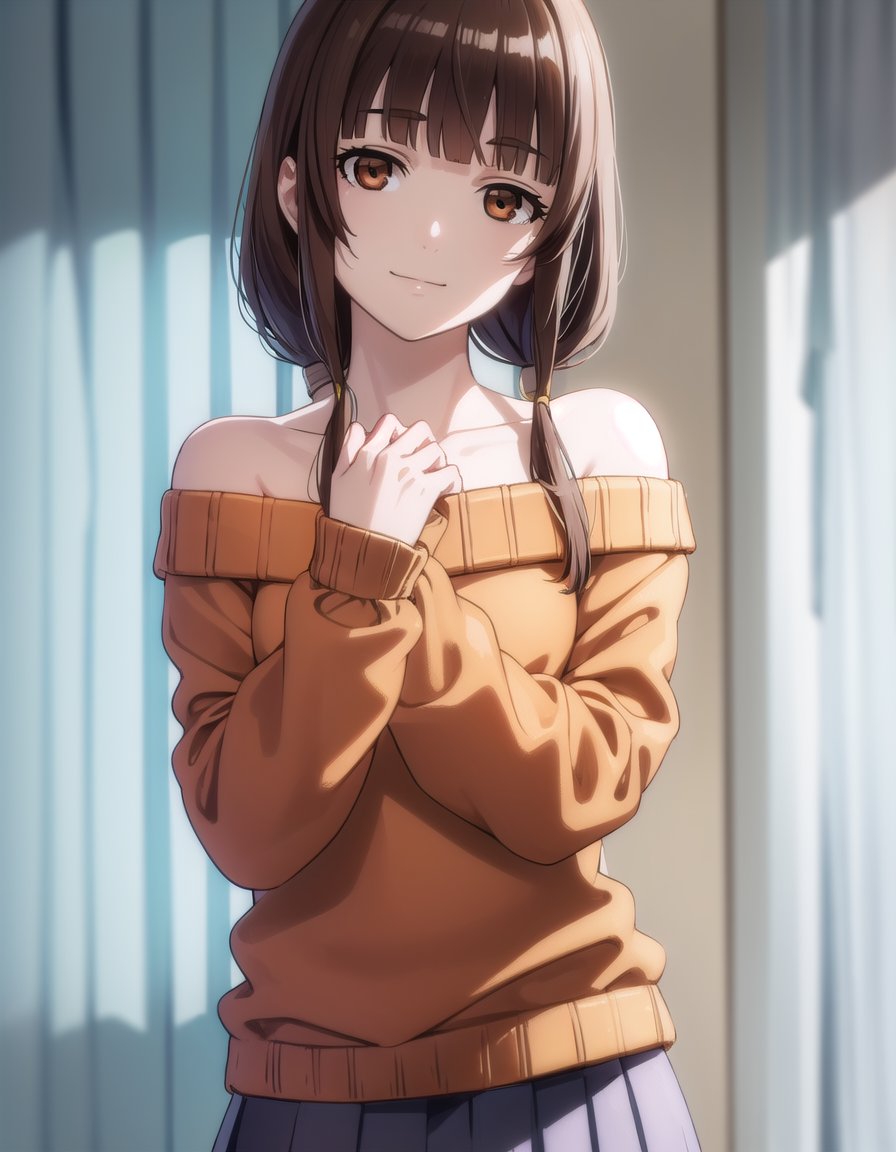 emiruikuno, <lora:emiru ikuno-lora-nochekaiser:1>,emiru ikuno, long hair, brown hair, ponytail, (brown eyes:1.5), bangs, blunt bangs, low-tied long hair,BREAK skirt, bare shoulders, off shoulder, sweater, orange shirt, off-shoulder sweater,BREAK indoors, bed, bed room,BREAK looking at viewer, (cowboy shot:1.5), smile,BREAK <lyco:GoodHands-beta2:1>, (masterpiece:1.2), best quality, high resolution, unity 8k wallpaper, (illustration:0.8), (beautiful detailed eyes:1.6), extremely detailed face, perfect lighting, extremely detailed CG, (perfect hands, perfect anatomy),