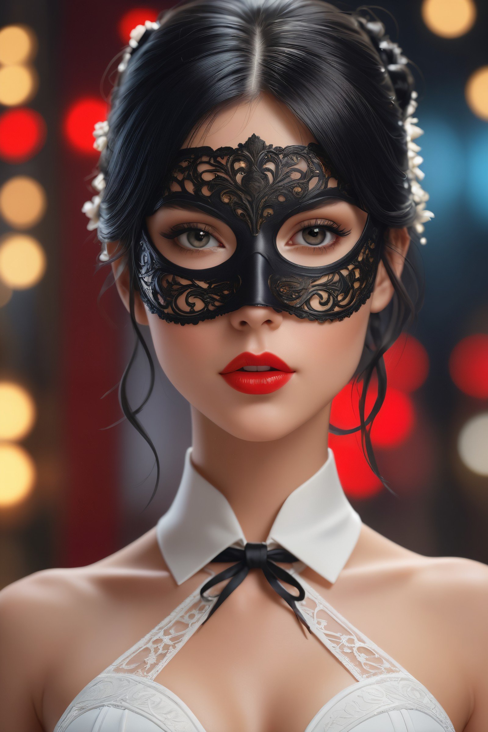 enigma, close up portrait of a beautiful girl with a black mask, a white dress, black tie, white bra, beautiful face, black hair, red lips, hyper detail, high resolution, bokeh, close up, details, intricate, elegant, luxury, dramatic lighting, octane render, unreal engine, 8k, artstation hdr, concept art, art by artgerm and greg rutkowski and alphonse mucha
