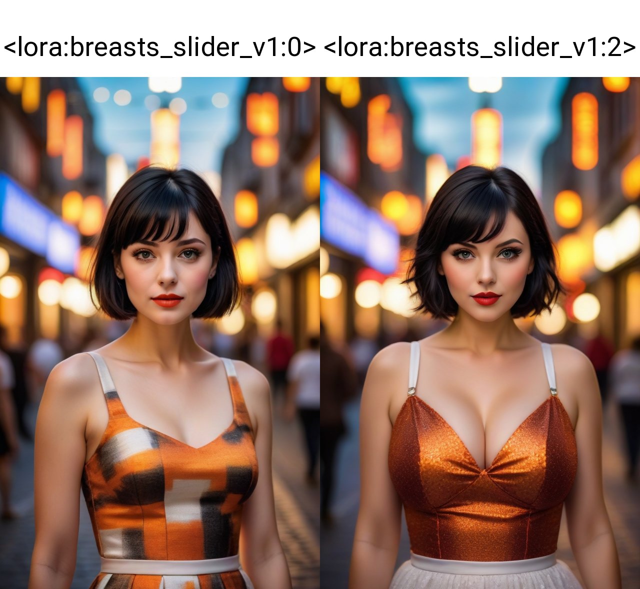 (best quality,4k,8k,highres,masterpiece:1.2),ultra-detailed,(realistic,photorealistic,photo-realistic:1.37), 1girl, solo, looking at viewer, short hair, bangs, black hair, orange dress, parted lips, (orange and white dress:1.2), professional photography, portrait  <lora:breasts_slider_v1:0>
