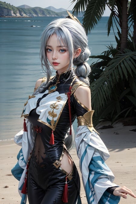 <lora:ShenHe_64_100minus40epoches:0.85>, shen_he_(genshin_impact), 1girl, (black bodysuit), (hair ornament), white hair, (braid ponytail), black sleeves, breasts curtain, jewelry, hip vent, shoulder cutout, navel, (upper body:0.7), standing, (masterpiece, high quality, best quality), (colorful),(delicate eyes and face), volumatic light, ray tracing, bust shot ,extremely detailed CG unity 8k wallpaper,solo,outdoors,Sun-Kissed Shoreline, Turquoise Waters, Sandy Beaches, Coastal Cliffs, Seaside Breeze, Palm-fringed Paradise, Colorful Sailboats, Tranquil Coves, Lighthouse Majesty, Coastal Sunset