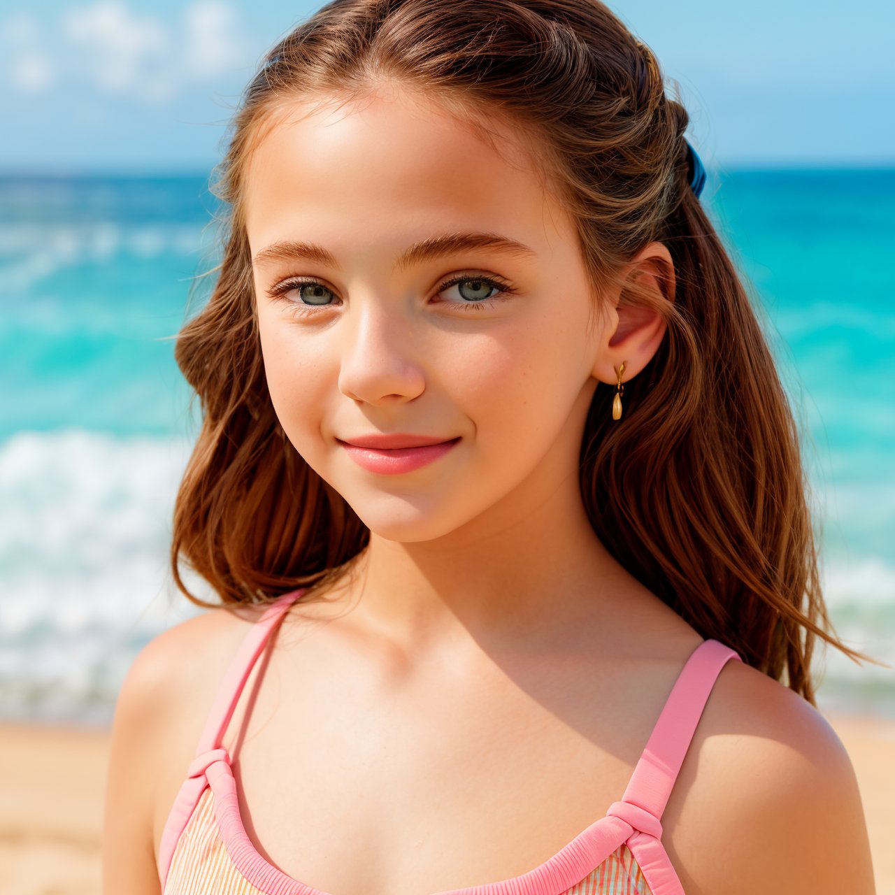 (masterpiece:1.3), best quality, view from above, close up portrait of adorable (AIDA_LoRA_arusso:1.15) <lora:AIDA_LoRA_arusso:0.74> in a one peace swimsuit posing on the beach, sea and sky on the background, sunlight, outdoors, little girl, pretty face, naughty, funny, happy, playful, intimate, flirting with camera, dramatic, studio photo, studio photo, kkw-ph1, hdr, f1.6, getty images, (colorful:1.1)