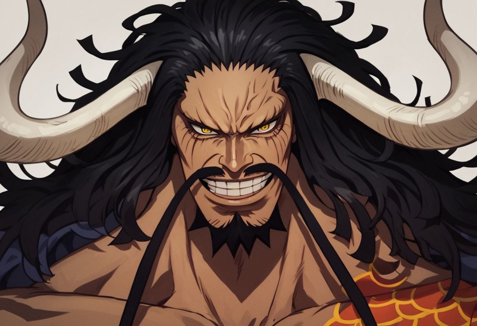 score_9, score_8_up, score_7_up, score_6_up, score_5_up, score_4_up, source_anime, 1boy, man, Kaido, Giant, Long hair, Black hair, Yellow Eyes, tattoo, long mustache, beard, curved horns, shirtless, wrinkles, muscular, pectorals, dark skin, portrait, veiny, headshot, detailed, grin, glare, thick lineart, highest quality, stylized, detailed face, looking at viewer, perfect face