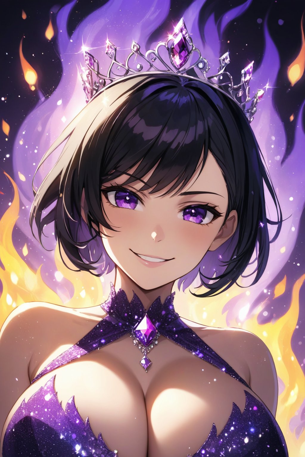 tiara, huge breasts, dress, glitter, purple, crystal, facing viewer, looking at viewer, from below, smug, smirk, sexy, upper body, short hair, black hair, messy hair, purple eyeshadow, light particles, flames, cover page, best quality, high quality