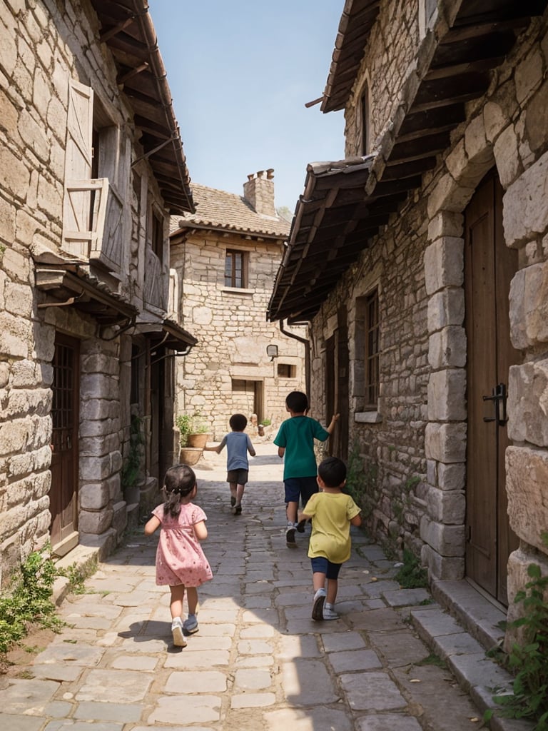 A candid photo of children playing in a street of an old village, their joy and innocence contrasting with the ancient stones and history that surrounds them, capturing a timeless moment of pure happiness.