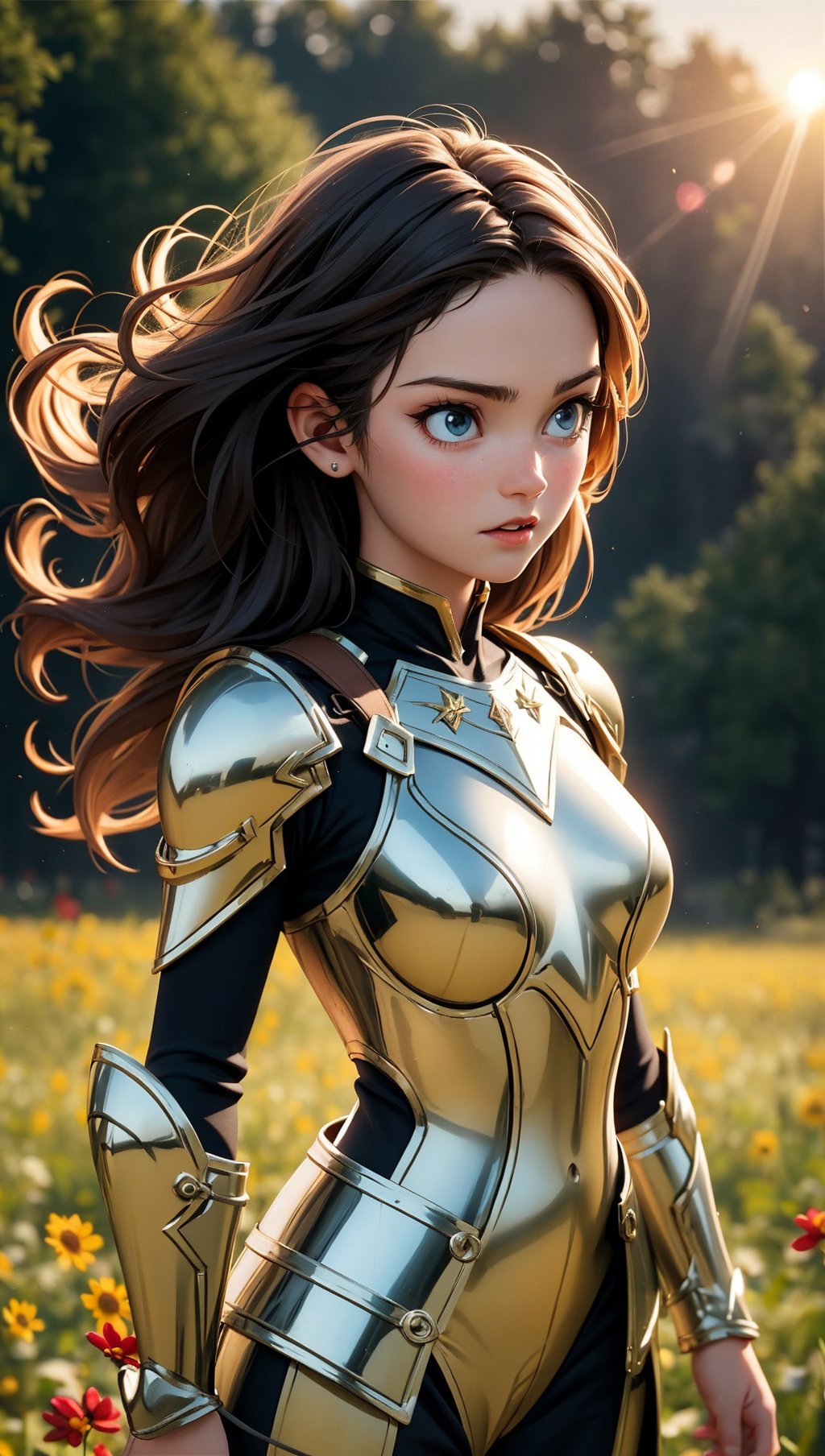 (masterpiece),(best quality),(extremely intricate),(sharp focus),(cinematic lighting),(extremely detailed),A young girl in armor,standing in a meadow of wildflowers. She is holding a sword. She has long brown hair adorned with wildflowers. Her expression is determined,and her eyes are shining with courage. The sun is shining brightly behind her,casting a golden glow over the scene.,flower4rmor,flower bodysuit,Flower,
